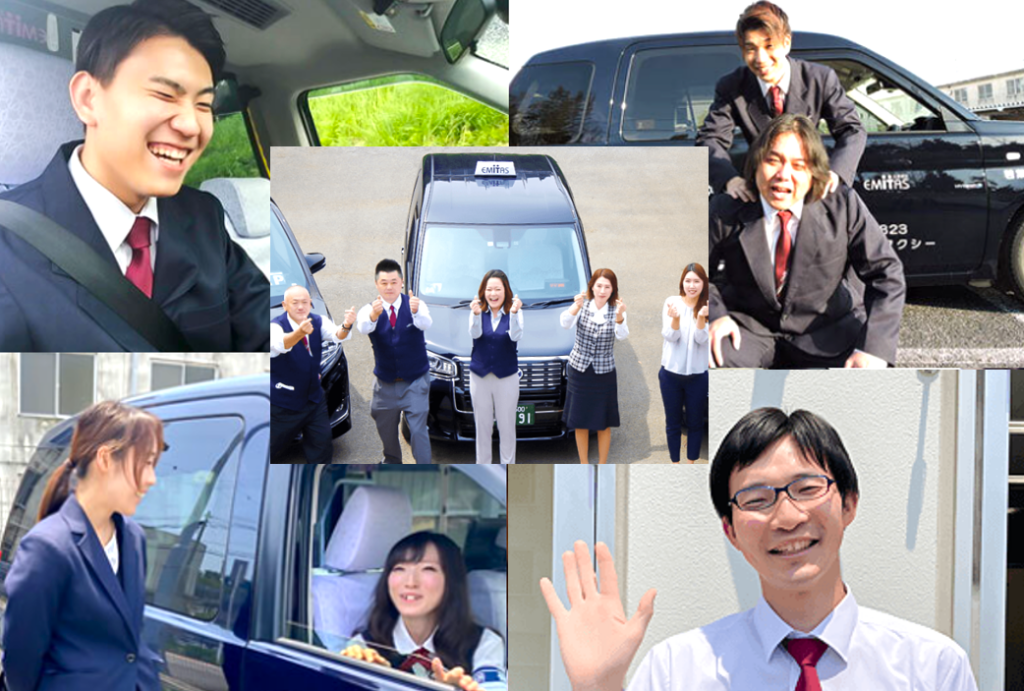 Group of smiling professionals in suits posing with cars in a parking lot, suggesting a car dealership or shuttle service.