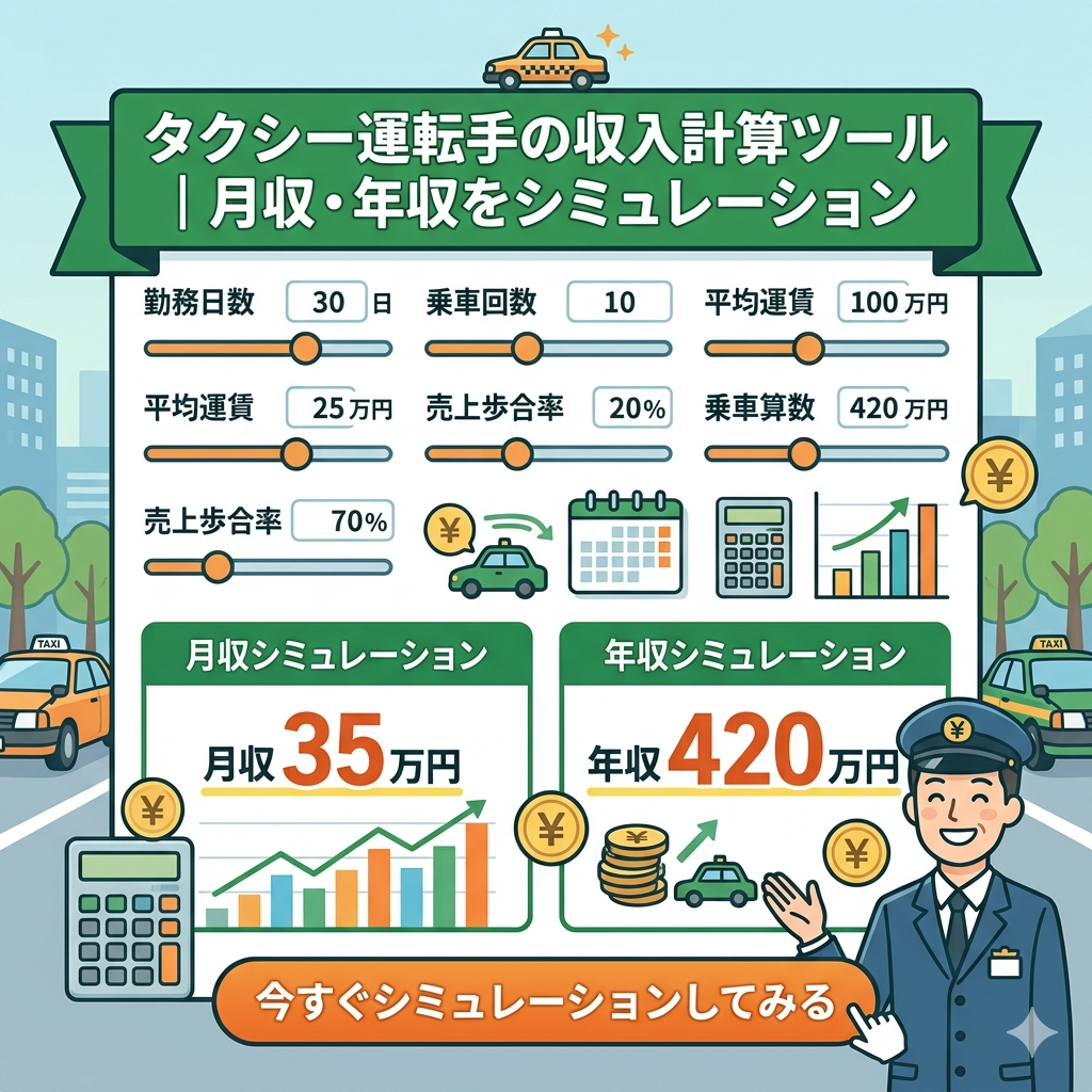 タクシー運転手の収入計算ツール|月収・年収を無料シミュレーション【2026年版】