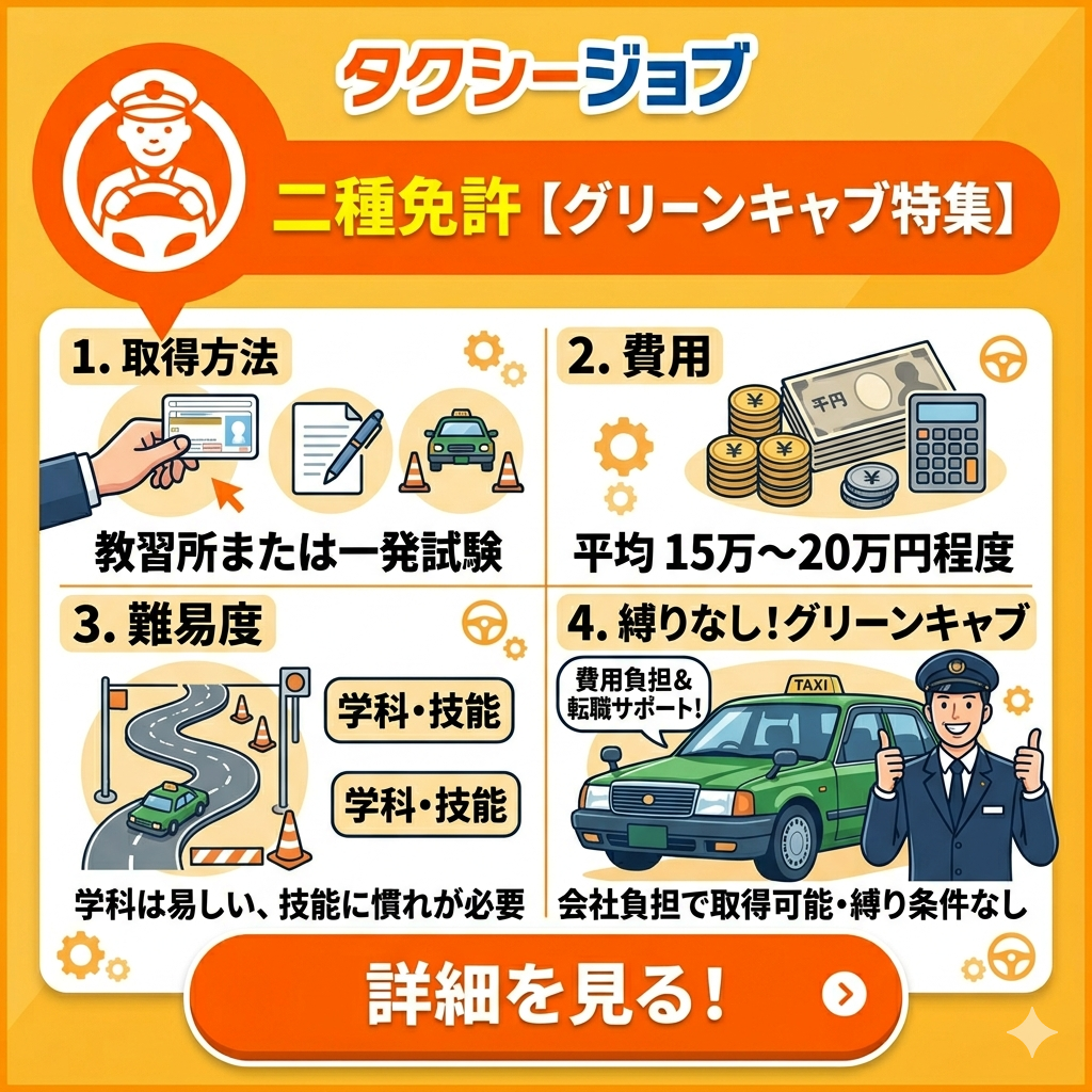 タクシー転職で二種免許を取得する方法・費用・難易度・縛りなし